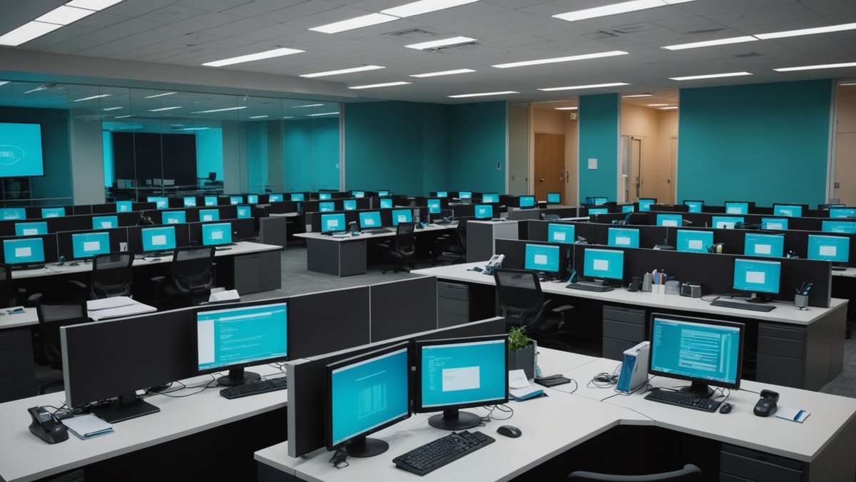 Contact center operations environment with workstation rows and soft monitor glow